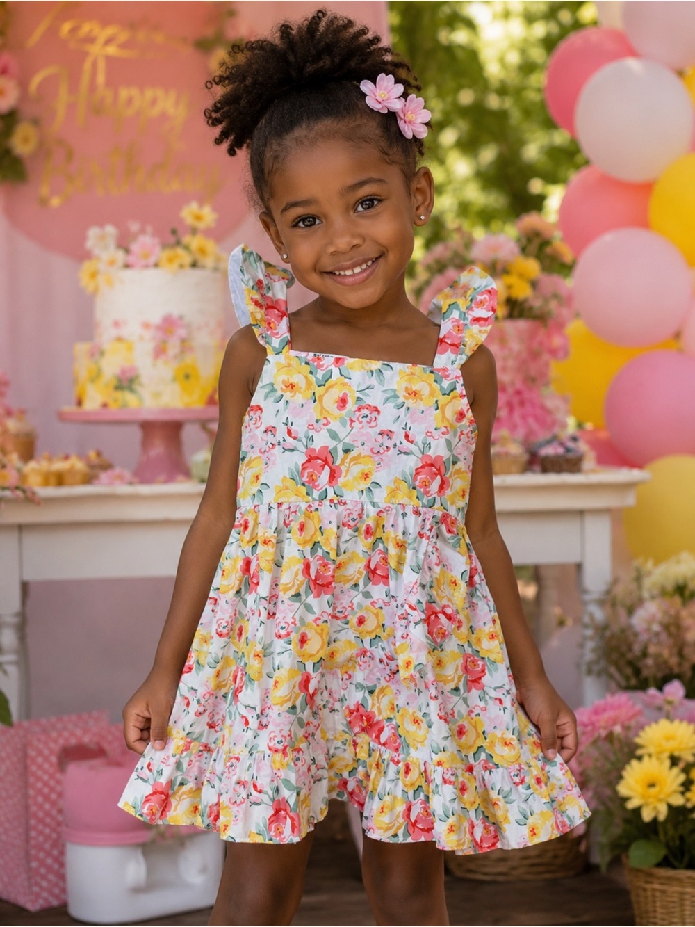 Blueberi Boulevard kid’s dressWhiteFloral Sundress with Yellow and Pink Flowers